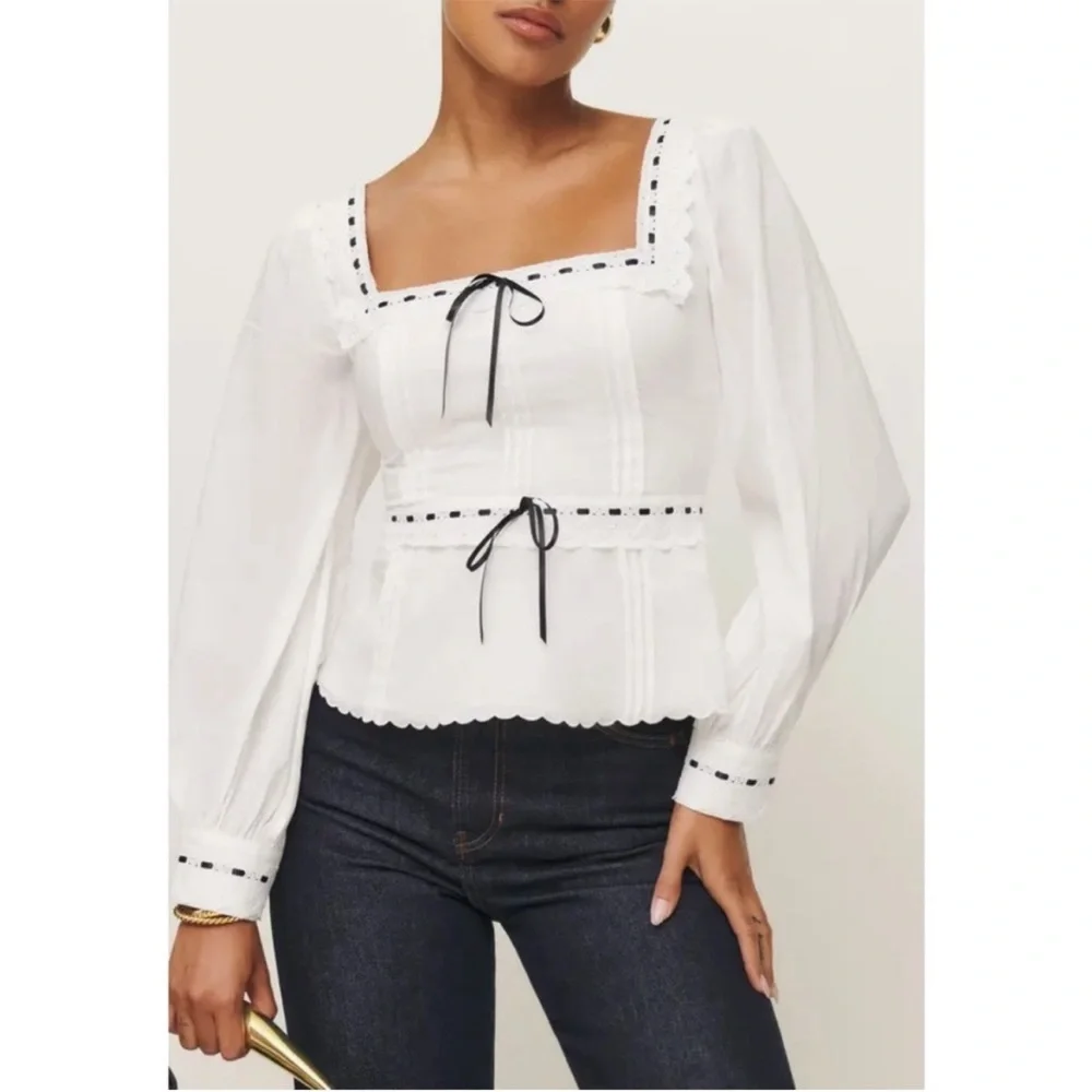 NEW! Reformation Haisley Long Sleeve Lace Bow Top Size 6 - Picture 4 of 10